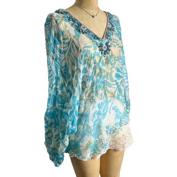 Anie Turquoise Beaded Fairycore Blouse Boho Size Medium - Picture 3 of 9